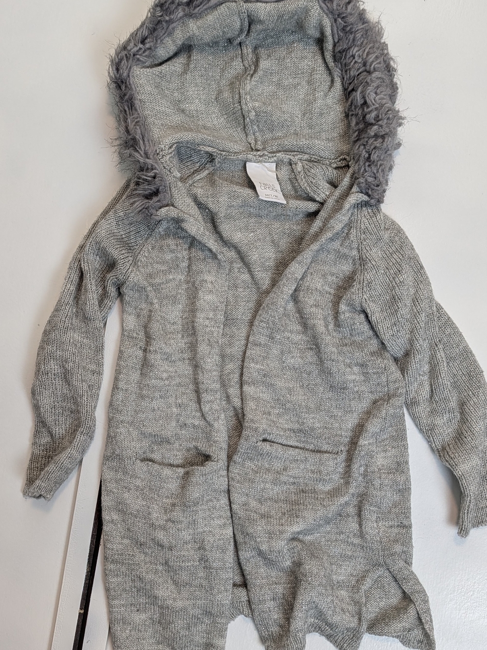 Falls Creek Gray Hooded Knit Cardigan with Faux-Fur Trim